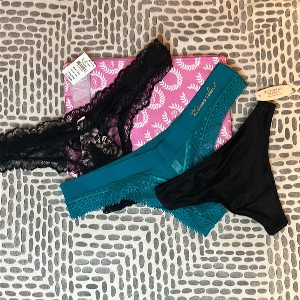 Victoria's Secret Black and Teal Lace Panties Set + Cosmetic Bag